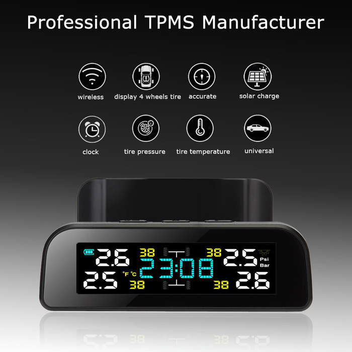 1 - Tire Pressure Monitoring System Solar Clock LCD Display Car TPMS Wireless Tire Pressure Monitori