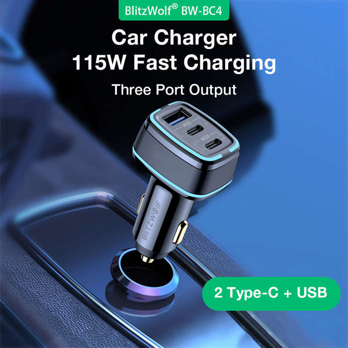 Black - BlitzWolf BW-BC4 115W 3-Port USB PD Car Charger Adapter 2 USB-C+USB-A PD QC FCP AFC SCP Fast