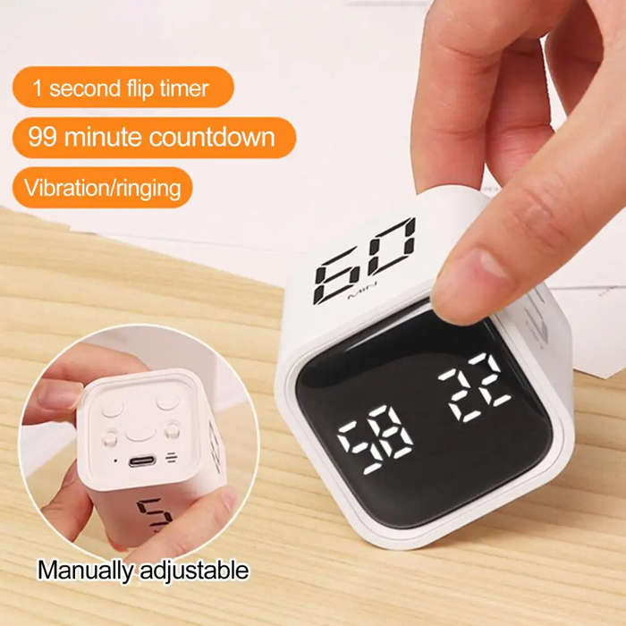Black - Productivity Cube Timer Sensor Flip LED Display 4 Preset Times Dual Mode Time Management Cou