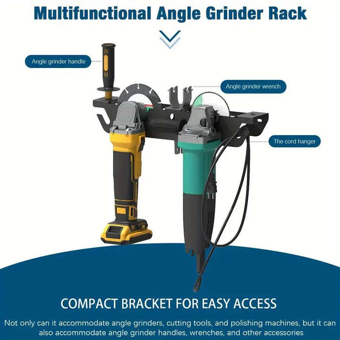 Black - Dual Bay Metal Angle Grinder Rack Stand Wall Mount Storage with Cord Hanger Easy Assembly Ho