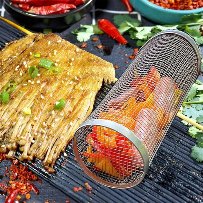 Silver - IPRee Round BBQ Basket Stainless Steel Rolling Grilling Basket Wire Mesh Cylinder Grill Bas
