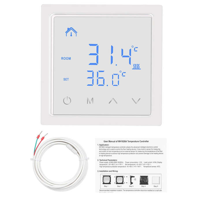Black - Intelligent Thermostat 16A Floor Heating Temperature Controller with LED Touch Screen 85-265