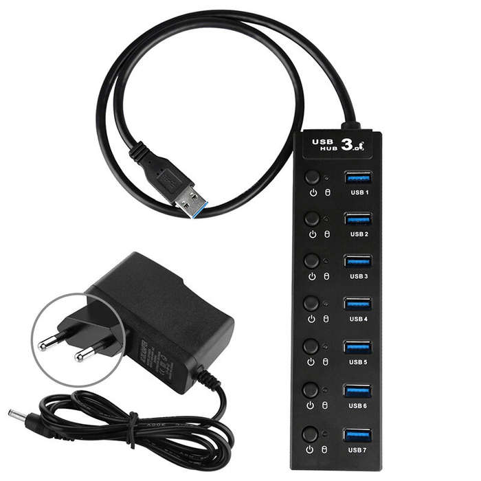 EU Plug - 7-in-1 USB 3.0 Hub Docking Station USB Adapter with USB3.0*7 Multiports Splitter Adapter w