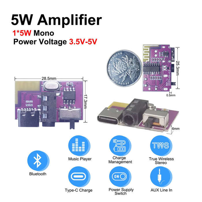 1pc - DC 3.5V-5V 5W Bluetooth 5.4 Mono Amplifier Decoder Board MP3 Player TWS 3.5mm AUX Module Recei