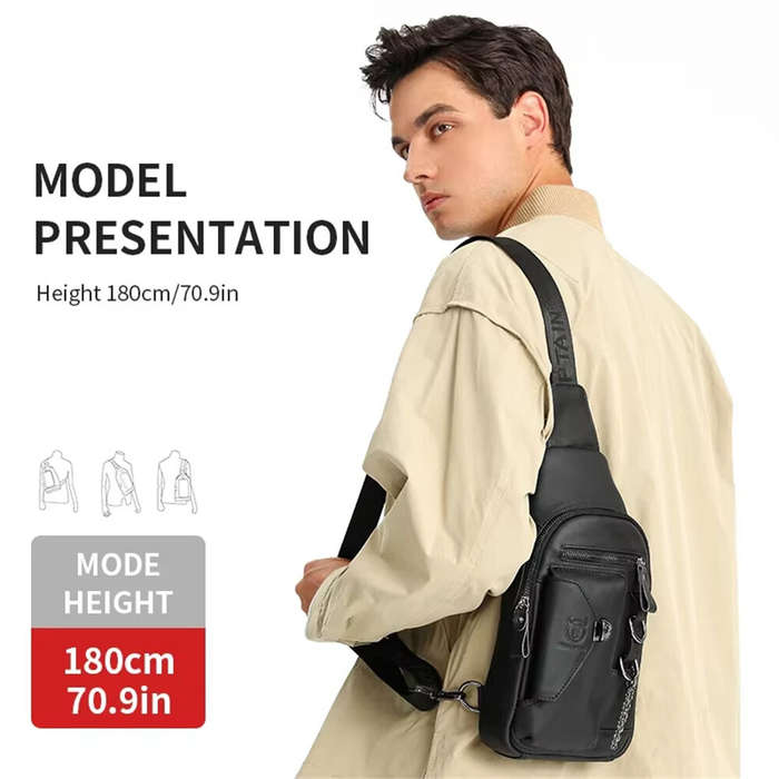 Coffee - BULLCAPTAINN Genuine Leather Men's Chest Bag with Phone Holder Multi-Layer Large Capacity S
