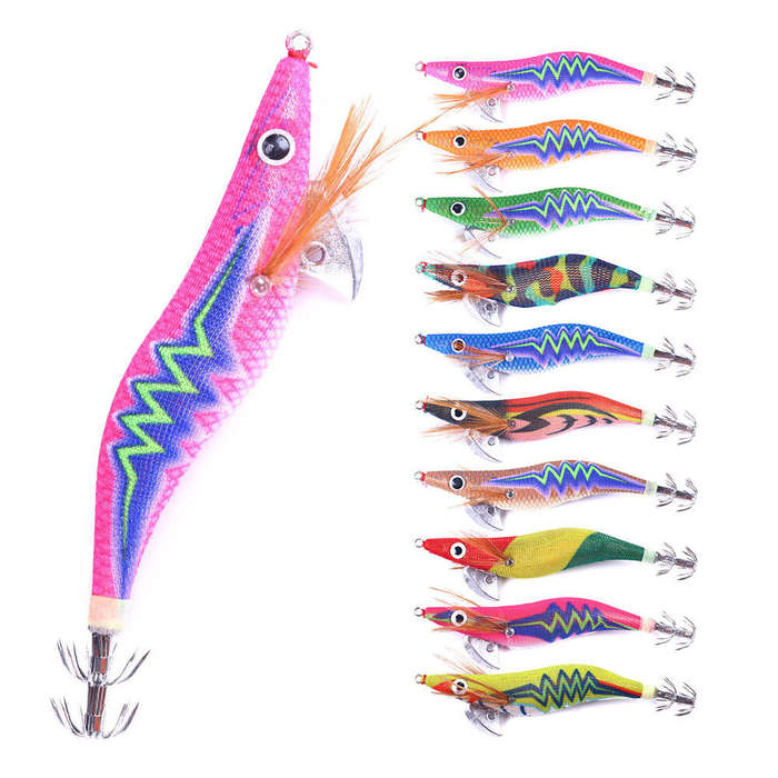 10pcs - ZANLURE 10pcs Luminous Wooden Shrimp Fishing Lures Artificial Squid Hook Hard Bait for Octop