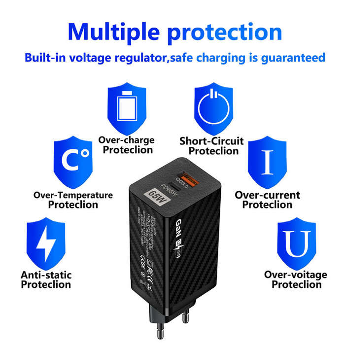 Black - [GaN Tech] USLION PD65W 2-Port USB PD Charger USB-C+USB-A PD QC3.0 Fast Charging Wall Charge