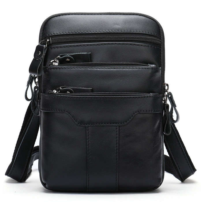 Black - Ekphero Men's Genuine Leather Crossbody Bag with Zipper Mobile Phone Shoulder Bag Small Trav
