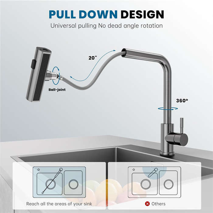 Silver - 304 Stainless Steel Kitchen Faucet Pull Out Rotation Waterfall Stream Sprayer Brushed Nicke