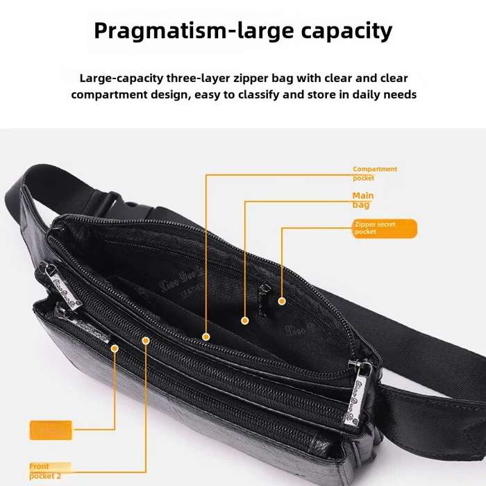 Coffee - Ekphero Men Genuine Leather Waist Bag Large Capacity Three-layer Zipper Single Shoulder Bag