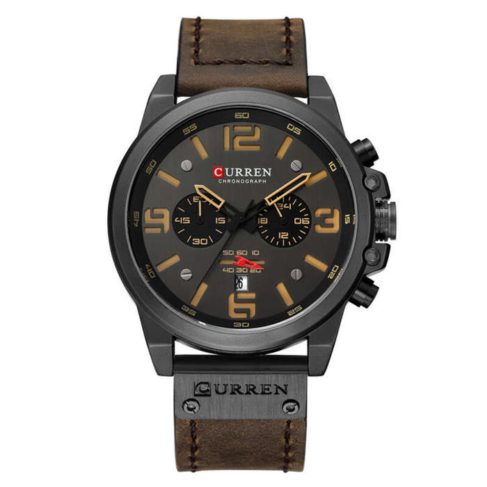 Grey - CURREN Men Sport Watch Leather Strap Quartz Watch 30M Waterproof Male Wrist Watch Multi-funct