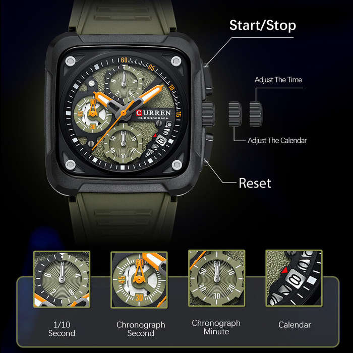 Green-Black - CURREN Men's Fashion Luminous Sports Watches Unique Square Dial with Chronograph Calen