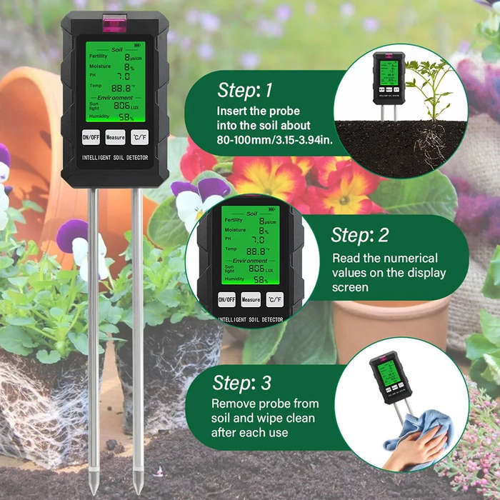 Black - 6-in-1 Soil Tester PH Temperature Humidity Sunlight Fertility Nutrient Meter with Digital Di