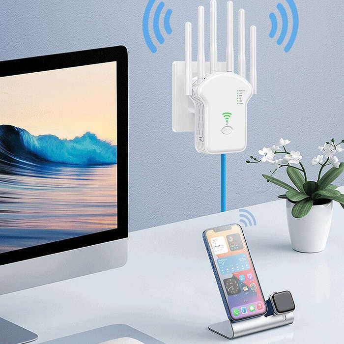 White - U13 1200Mbps WiFi Repeater Wireless WiFi Signal Repeater Extender High Gain 6 Antenna Dual-B