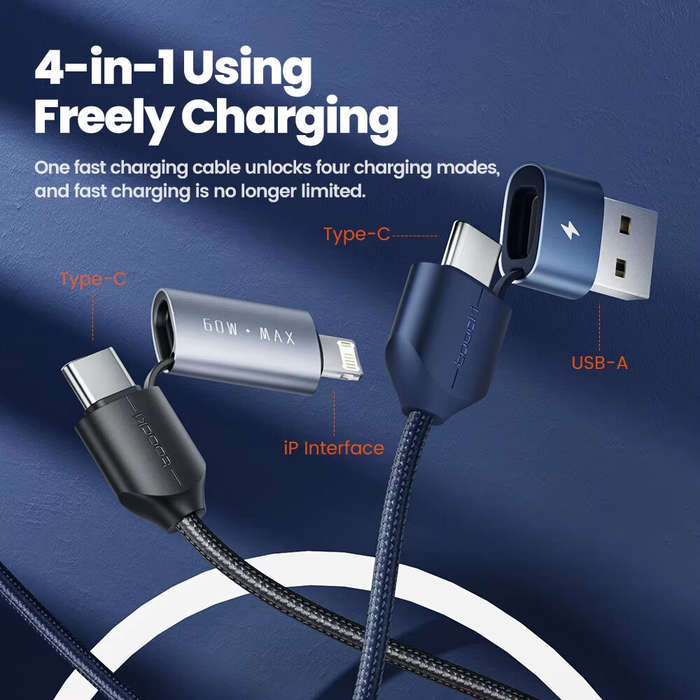 1M - Toocki TQ-X44 3A 60W USB-A/Type-C to Type-C/iP Cable Fast Charging Data Transmission Tinned Cop