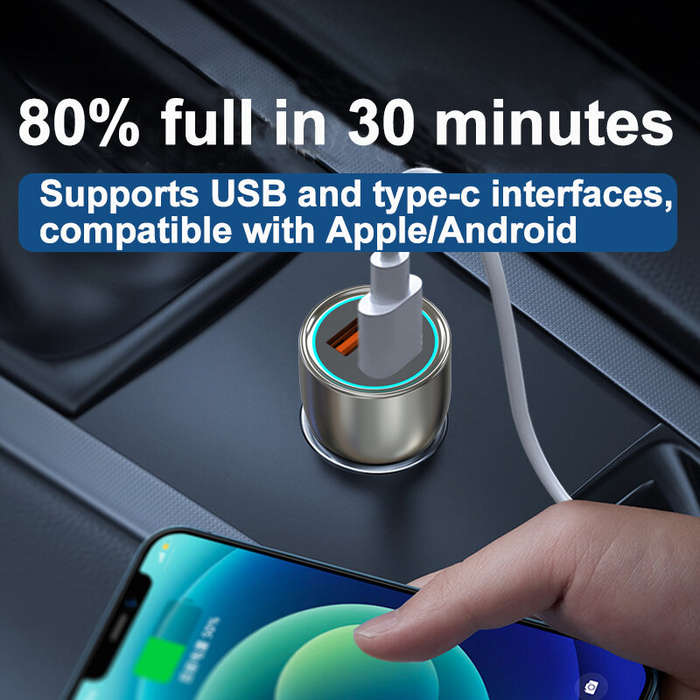 Silver - 60W Fast Charging Car Charger PD & QC Dual Port Fast Type C Charging Power Delivery Adapter
