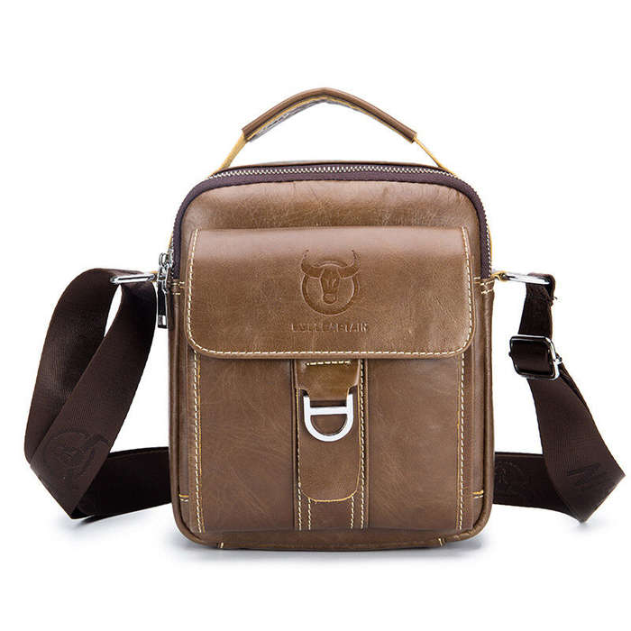 Coffee - BULLCAPTAIN Genuine Leather Men's Messenger Bag Casual Crossbody Handbag Gift for Man Busin