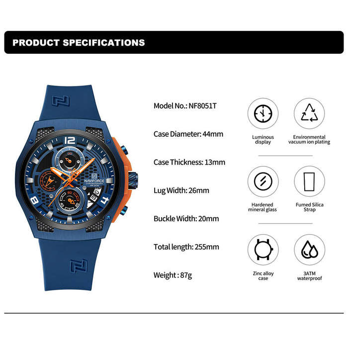 Blue - NAVIFORCE Men's Luxury Quartz Watch Waterproof Silicone Strap High Quality Sport Wristwatch f