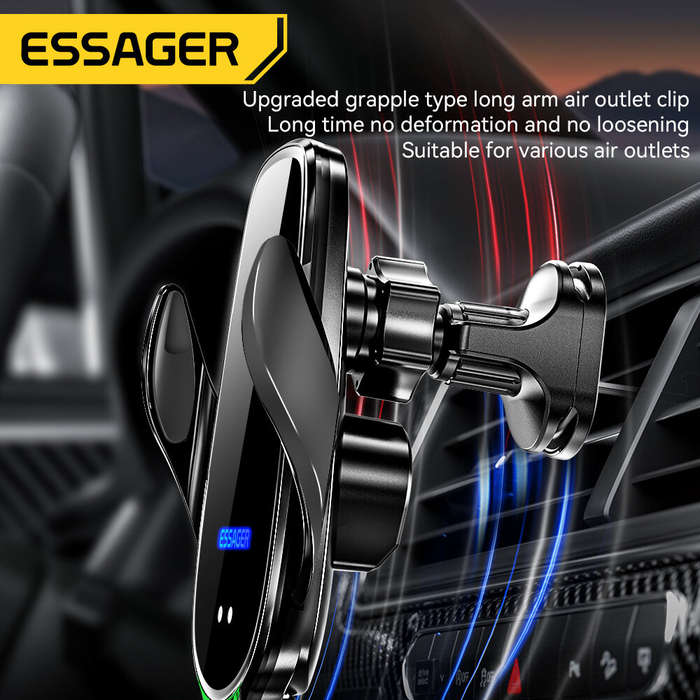 Black - ESSAGER A4 15W 10W 7.5W 5W Wireless Car Phone Holder Charger Car Air Vent Clamp Bracket for
