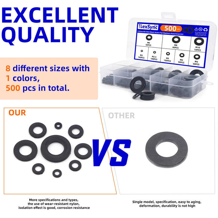 with box - 500Pcs 8 Size Black Nylon Flat Washers Set M2 M2.5 M3 M4 M5 M6 M8 M10 Assortment Kit Plan