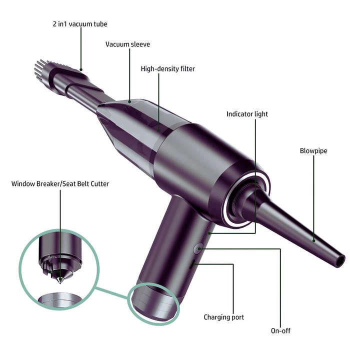 White - D9 Pro 6 in 1 Multifunctional Portable Rechargeable Handheld Car Vacuum Cleaner 75W Suction