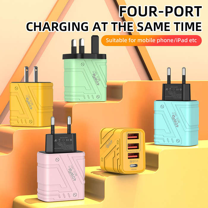 EU Plug - AD-67 40W 4-Port USB PD Charger 3USB-A+USB-C PD3.0 QC3.0 Fast Charging Wall Charger Adapte