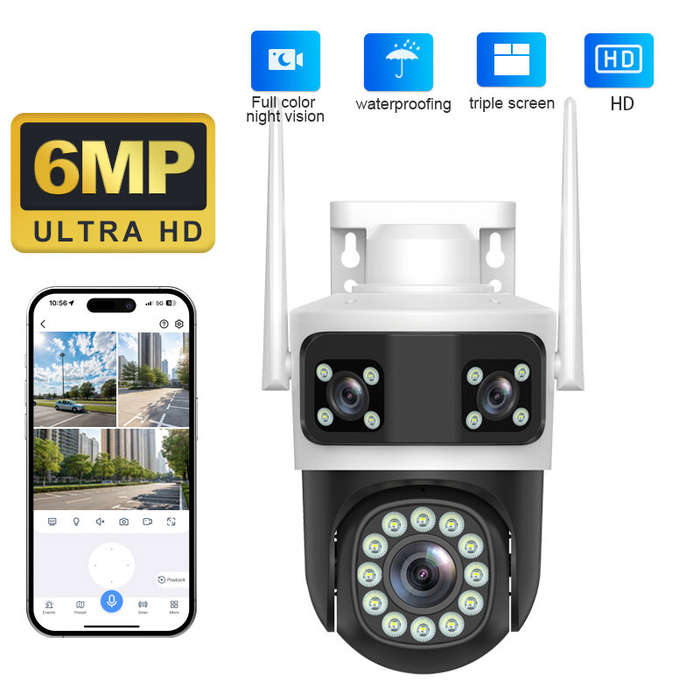 EU Plug - Guudgo 6MP Ultra HD WIFI IP Camera Triple Lens Full Color Night Vision Waterproof 355 Pan
