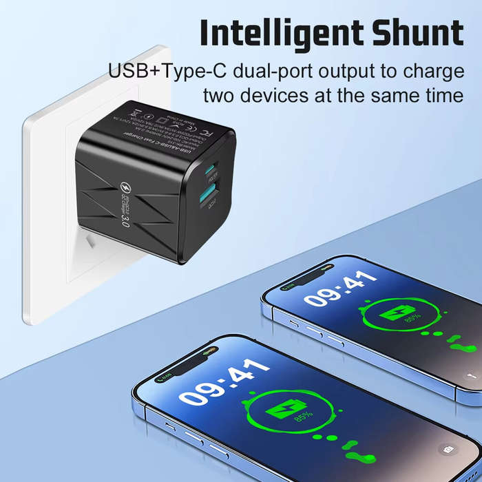White - BK-315 PD25W 2-Port USB PD Charger USB-A+USB-C PD QC3.0 Fast Charging Wall Charger Adapter E