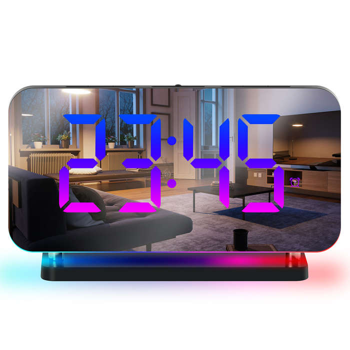 Black - Large Screen Electronic LED Mirror Clock Colorful RGB Display Colorful Night Light Radio Pro