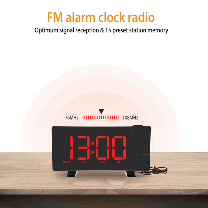Blue - AGSIVO 8 Inch Projection Alarm Clock with 180 Rotatable Projector / FM Radio / Snooze / 3-Lev