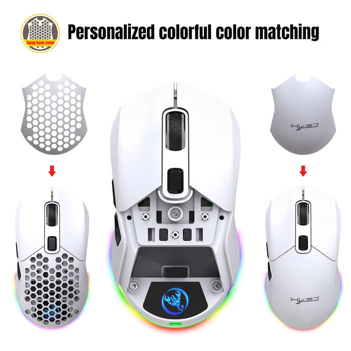 HXSJ T28 Hollow Wireless Mouse Rechargeable RGB Luminous 4800DPI Interchangeable Back Cover Gaming L