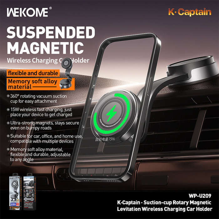 Grey - WEKOME WP-U209 Magnetic 15W Wireless Charger Mobile Phone Car Holder Suction Cup Bending Fold