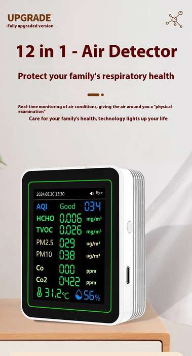 Black - NEW 12 in 1 Air Quality Monitor Formaldehyde Space Contrast Function TVOC CO CO2 PM2.5 PM10