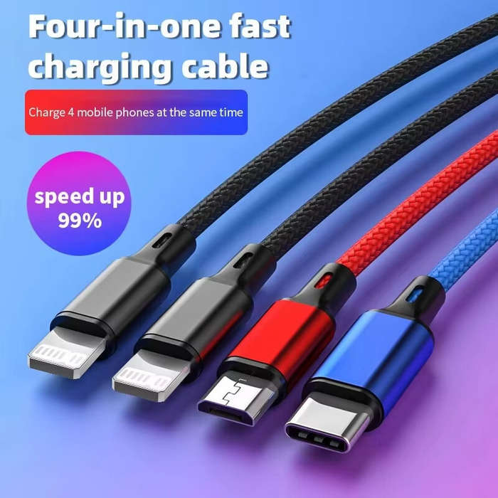 1Type-C+1Micro+2iP - 3A 4-in-1 USB-A to Type-C/Micro/iP Cable Fast Charging Tinned Copper Core Line