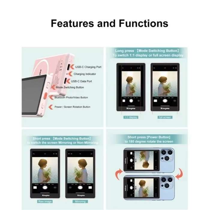 Pink - Kingma VL-PH02 Max Selfie Stick Magnetic Selfie Live Streaming Vlog Display Screen Photo for