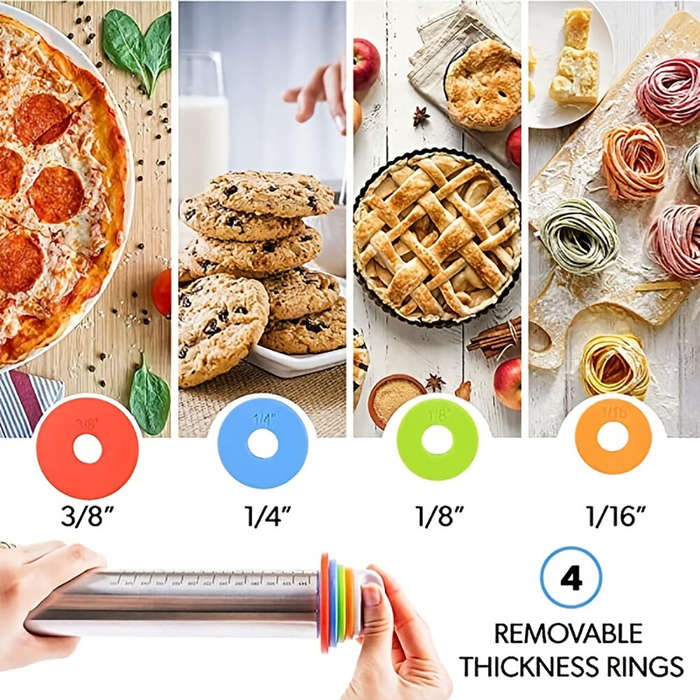 Silver - Rolling Pin Kitchen Tool Stainless Steel Adjustable For Baking Pasta Pizza Pie 4 Different