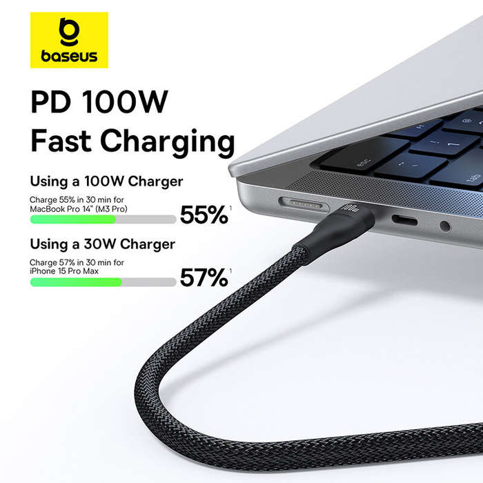 Black - Baseus Flash Series 3 100W Type-C to Type-C+Type-C+iP Cable PD Fast Charging Data Transmissi