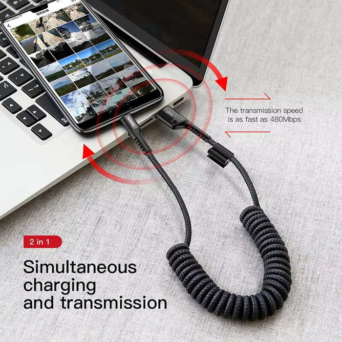 Black - Baseus Fast Charging Type C Cable Spring Telescopic Car Phone Charger Cable For Samsung Xiao