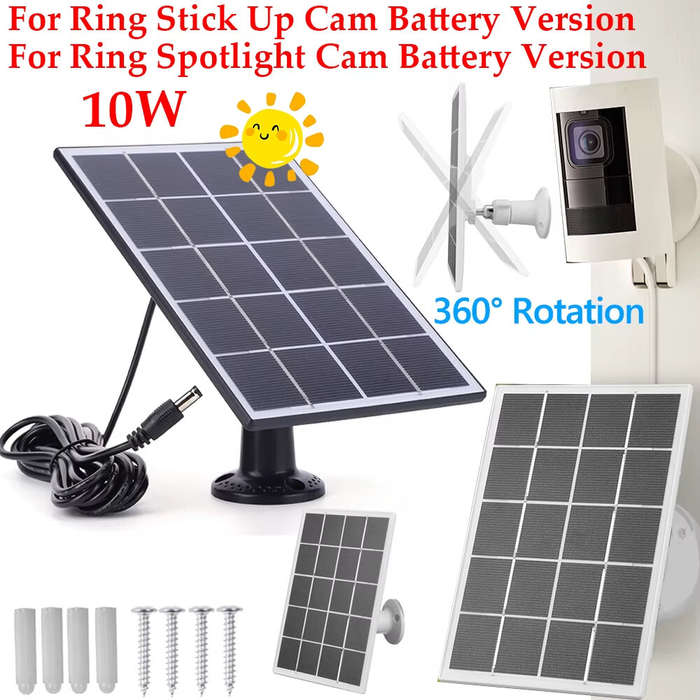 Black - 10W Solar Panel Charger Waterproof Solar Panel for Ring Camera 360 Adjustable Wall Mount for
