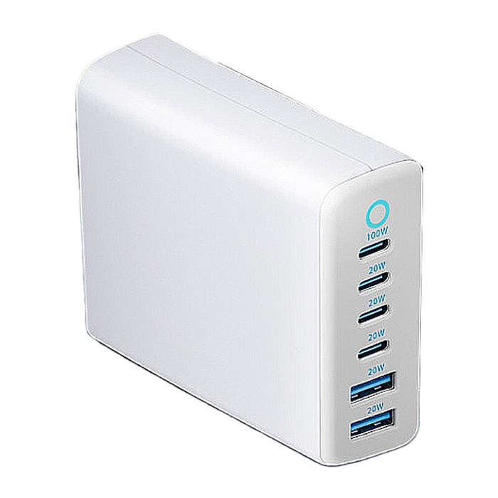 White - [GaN Tech] 200W 6-Port USB Charger 2USB-A+4USB-C Fast Charging Desktop Charging Station EU P