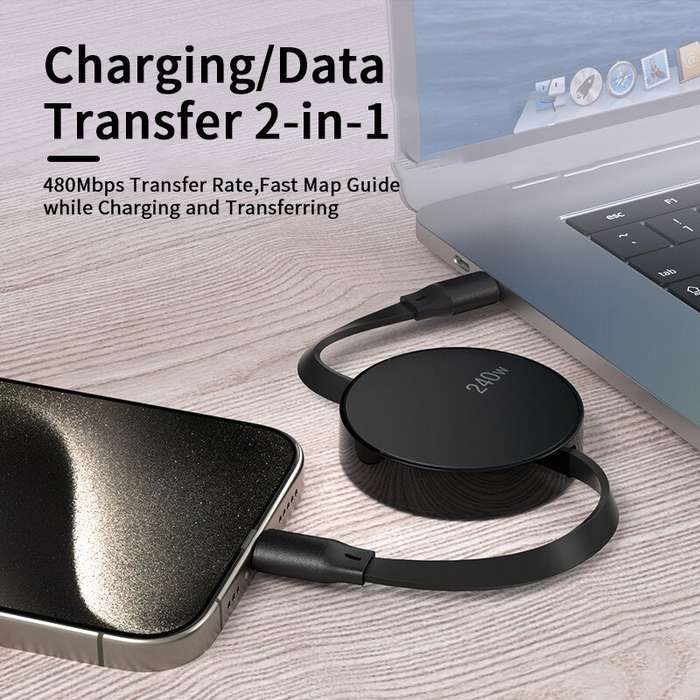 White - PD240W USB-C to USB-C Retractable Cable Fast Charging Data Transmission Thick Copper Core Li
