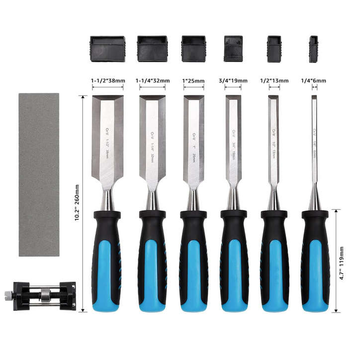 Blue - 8-Piece Wood Carving Chisel Set Chromium-Vanadium Steel Blades Wood Handles Sharpening Stone