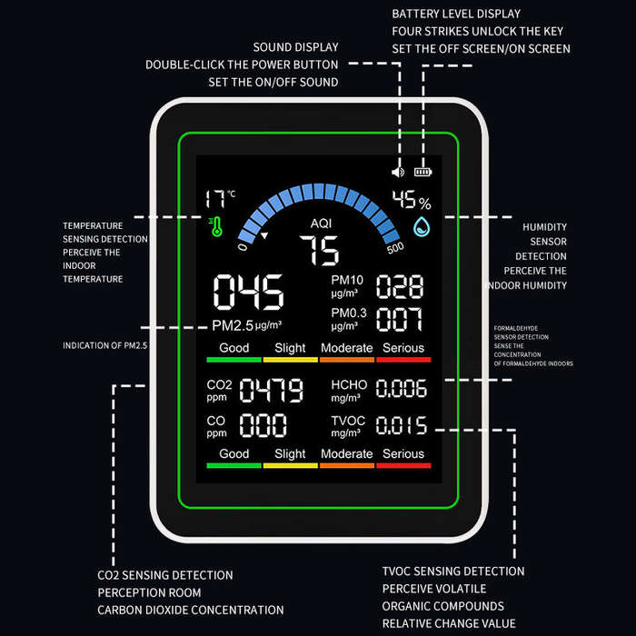 Black - 10In1 Air Quality Monitor CO Formaldehyde PM2.5 TVOC Humidity Temperature Detector LCD Displ