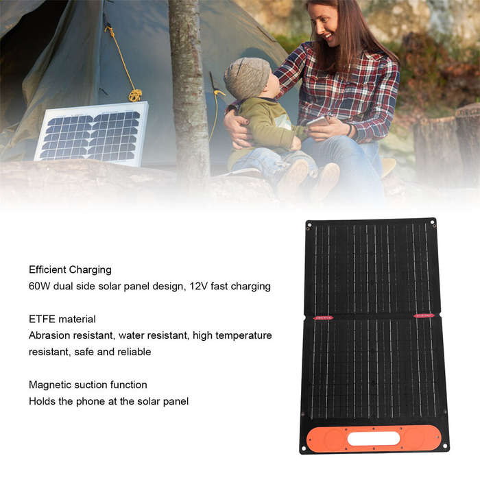 Black - 60W Monocrystalline Solar Panel Charger IP65 Waterproof ETFE Magnetic Handle USB 9V PD Outpu