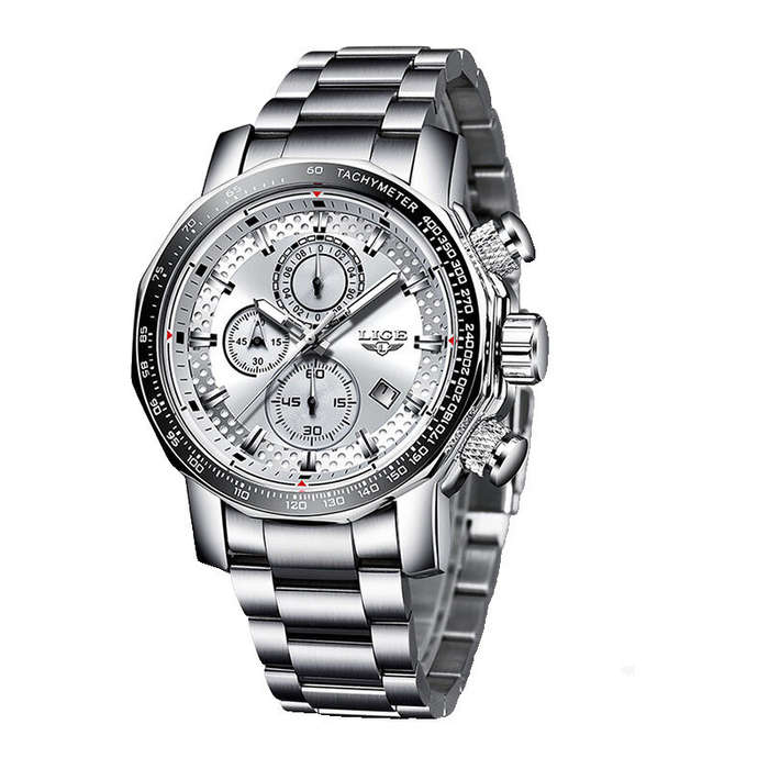 Silver - LIGE Men's Sport Watches Big Dial Chronograph Watches Multifunctional Business Casual Quart