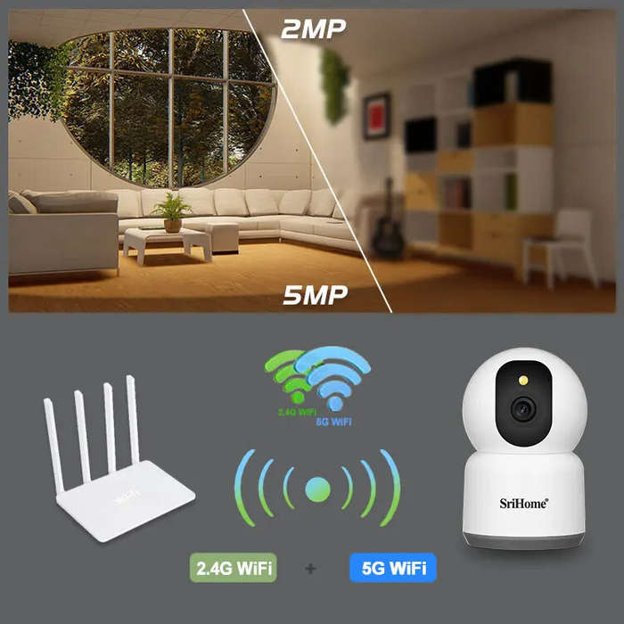 EU Plug - Srihome SH038 5MP 1944P 5G WIFI Wireless PTZ IP Dome Camera AI Humanoid Detection Full Col