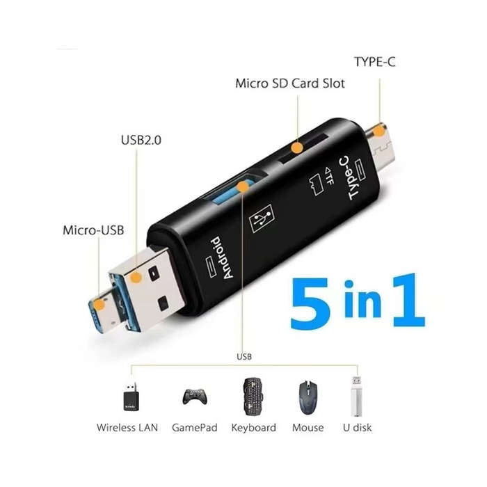 Black - 5-in-1 Multifunction USB 2.0 Type-C USB Micro USB SD TF Memory Card Reader for iPhone Androi