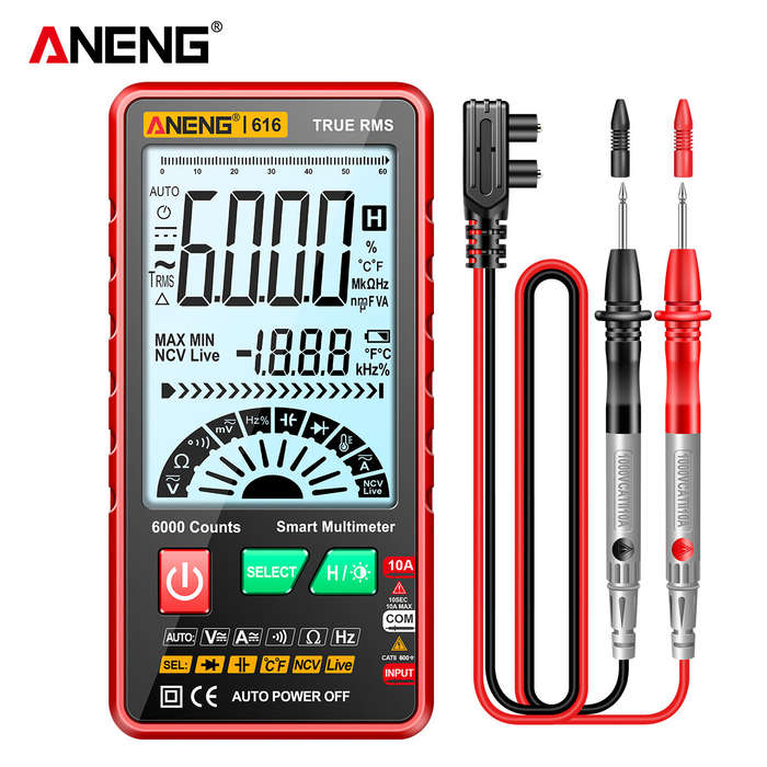 Red - ANENG 616 Large Screen Backlight Digital Multimeter 6000 Counts Ultra thin Intelligent AC DC V