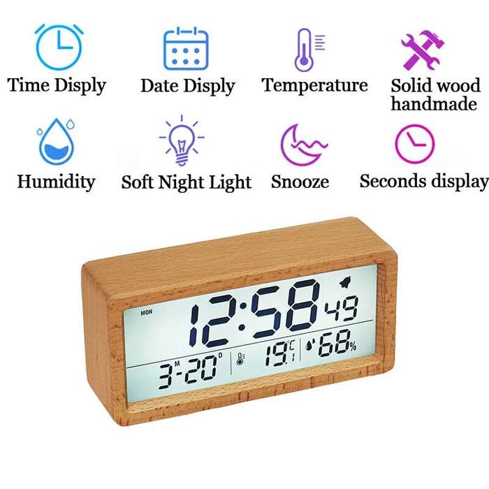 #A - LED Wooden Digital Alarm Clock Multifunctional Large Screen Date Temperature Humidity Backlight