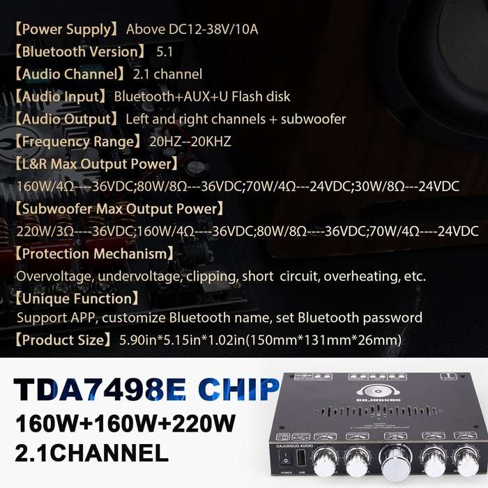 Black - S220HS bluetooth Power Amplifier Board 2.1 Channel TDA7498E 160Wx2+220W 12V-38V Audio Power